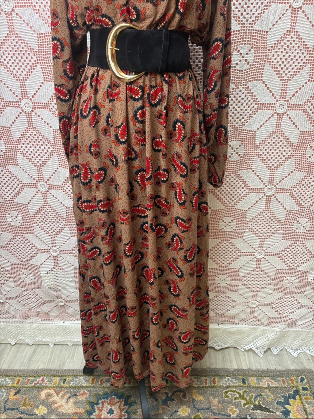 Vintage Paisley Maxi Dress Brown Red Boho Flowy One Size - Picture 4 of 10
